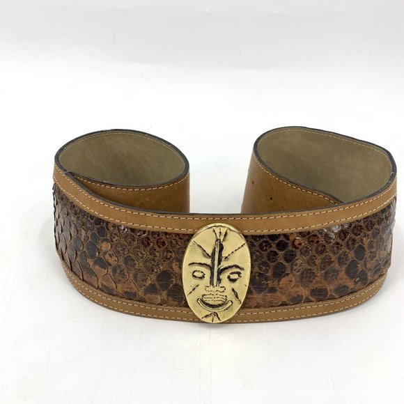 Enrico Creazioni Vintage Brown Leather Belt Snakeskin Brass Face Mask 32\